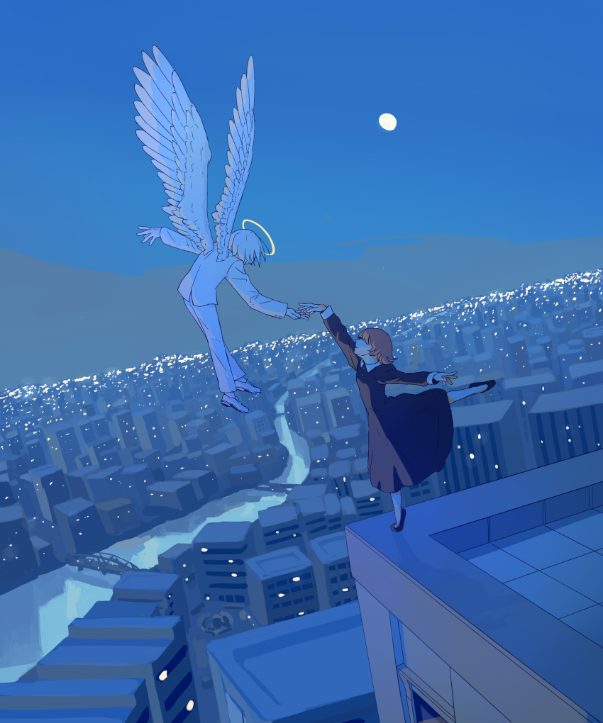 1boy 1girl absurdres angel angel_wings avogado6 ballet ballet_slippers beckoning black_dress blue_sky bridge brown_hair building city city_lights cityscape collared_dress colored_skin commentary_request covered_eyes dress dutch_angle en_pointe facing_away feathered_wings flying formal_clothes gibbous_moon hair_over_eyes halo highres horizon jacket long_sleeves moon night on_rooftop original outdoors outstretched_hand outstretched_leg pants river sky skyscraper suicide suit traditional_halo white_footwear white_hair white_jacket white_pants white_skin white_suit wide_shot wings