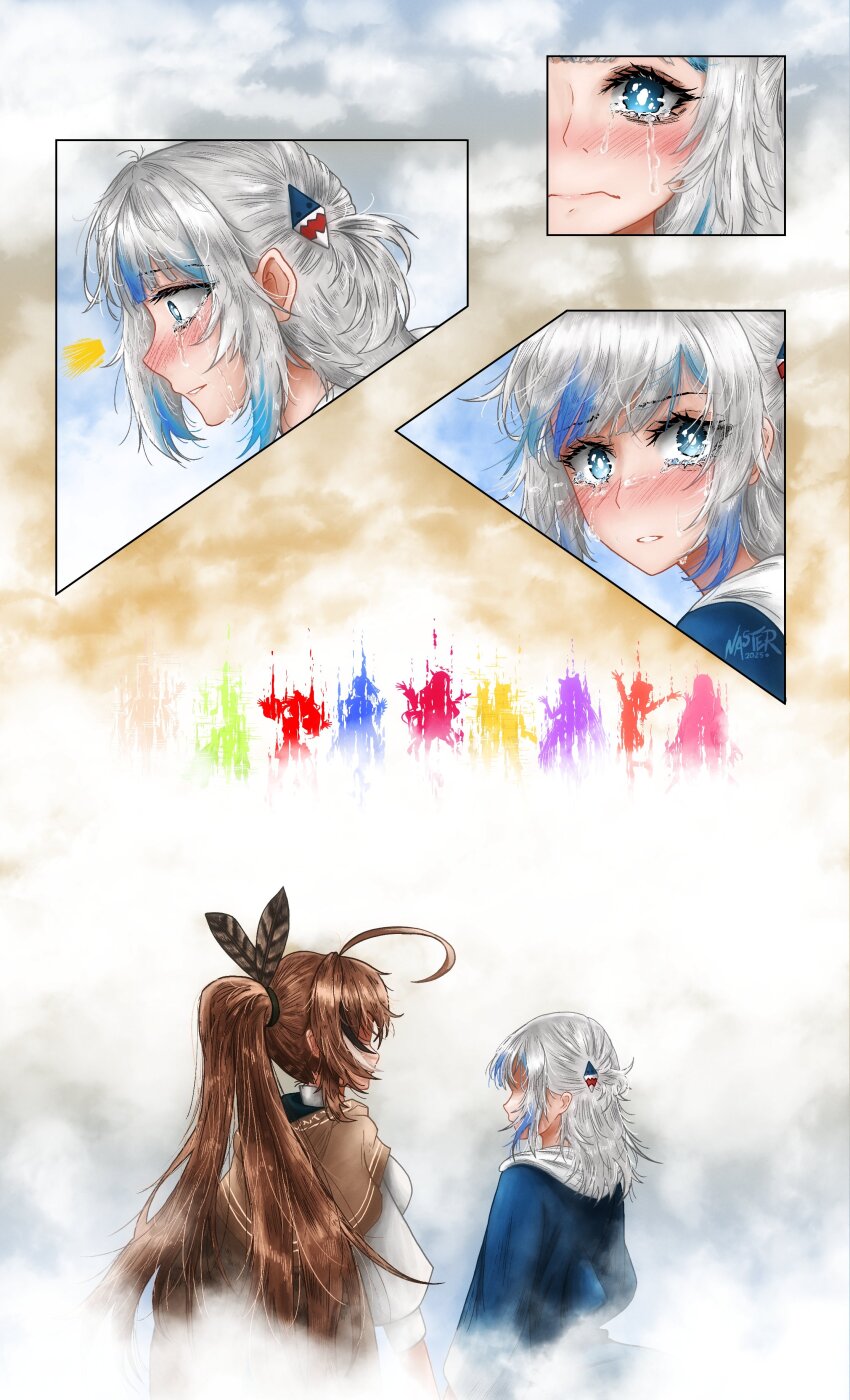6+girls absurdres ahoge blue_eyes blue_hair blush brown_hair capelet ceres_fauna feather_hair_ornament feathers gawr_gura gawr_gura_(1st_costume) grey_hair hair_ornament hakos_baelz highres hololive hololive_english irys_(hololive) irys_(irys_2.0)_(hololive) mori_calliope multicolored_hair multiple_girls nanashi_mumei nanashi_mumei_(1st_costume) nasterro ninomae_ina&#039;nis ouro_kronii ponytail shark_hair_ornament streaked_hair takanashi_kiara tsukumo_sana virtual_youtuber watson_amelia