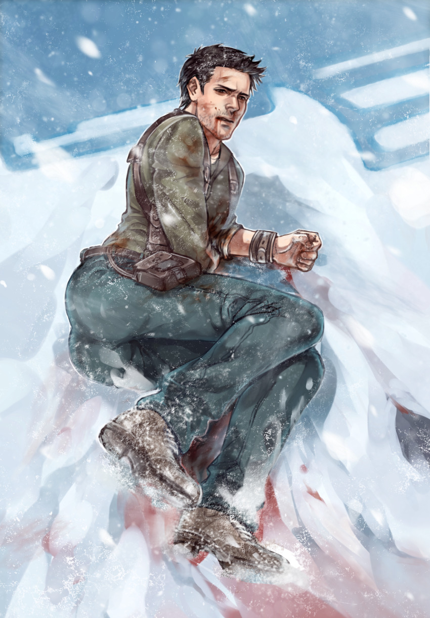 1boy anderain bandages black_hair blood blood_in_mouth blood_on_chest blood_on_snow denim facial_hair highres injury jeans lying male_focus nathan_drake on_side pants snow snowing solo stubble uncharted uncharted_2