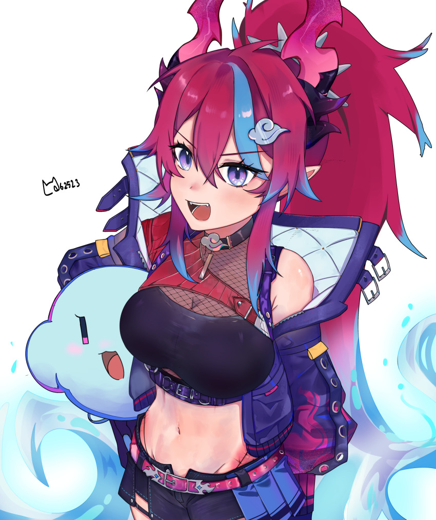 1girl absurdres angry asymmetrical_clothes bandeau belt black_bandeau black_shorts blue_hair blue_skirt breasts brown_collar cleavage cloud_hair_ornament collar commentary crop_top dragon_girl dragon_horns dragon_tail english_commentary fishnets gradient_hair hair_between_eyes hair_ornament hairband highleg highleg_panties highres horns chromashift jacket kai_saikota kirby kirby_(series) large_breasts long_hair looking_at_viewer midriff mouchi_(momouchie) multicolored_hair navel nintendo open_clothes open_mouth open_shorts panties pleated_skirt pointy_ears ponytail purple_belt purple_eyes purple_jacket purple_vest red_belt red_hair red_horns red_tail short_shorts shorts single_bare_shoulder skirt spiked_hairband spikes stomach streaked_hair string_panties suspenders tail underbust underwear very_long_hair vest virtual_youtuber white_background