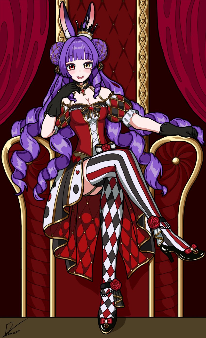 1girl :d absurdres animal_ears anklet bare_shoulders black_and_white_skirt black_gloves blunt_bangs bow breasts checkered_socks choker corset crossed_legs crown curtains deltakiryuart double_bun flower frilled_choker frills garter_straps gloves gold_choker hair_bun heterochromia high_heels highres indie_virtual_youtuber jewelry long_hair looking_at_viewer maddie_(vtuber) medium_breasts mini_crown open_clothes open_mouth open_skirt playing_card_theme purple_hair quilted_skirt rabbit_ears rabbit_girl red_corset red_eyes red_flower red_rose ringlets rose sitting sitting_on_throne skirt smile socks string_of_pearls striped_clothes striped_socks thighhighs throne very_long_hair virtual_youtuber
