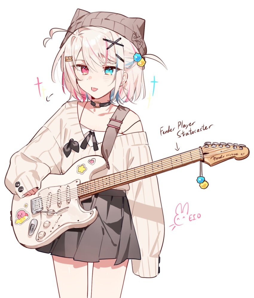 1girl ahoge animal_ears black_choker cat_ears choker commentary electric_guitar english_commentary fender_stratocaster guitar guitar_strap hat highres holding holding_guitar holding_instrument instrument miniskirt multicolored_eyes multicolored_hair off_shoulder original orphaneater_io oversized_clothes pale_skin shirt_tucked_in short_hair single_bare_shoulder skirt sleeves_past_fingers sleeves_past_wrists sweater tongue tongue_out too_many_hair_ornaments upper_body whammy_bar