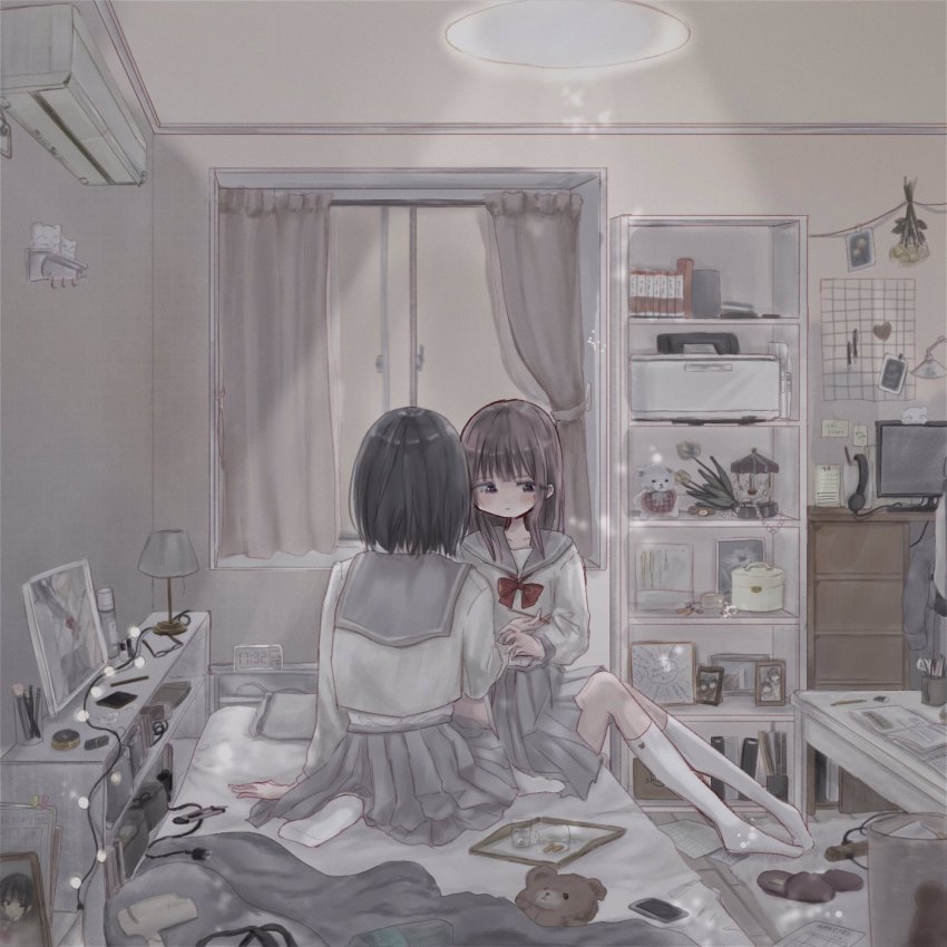 2girls bad_id bad_twitter_id bed bedroom black_hair brown_hair cellphone computer highres kneehighs lamp light looking_at_another mirror multiple_girls muted_color original phone school_uniform shinanashina short_hair skirt smartphone socks stuffed_animal stuffed_toy teddy_bear white_socks window wire