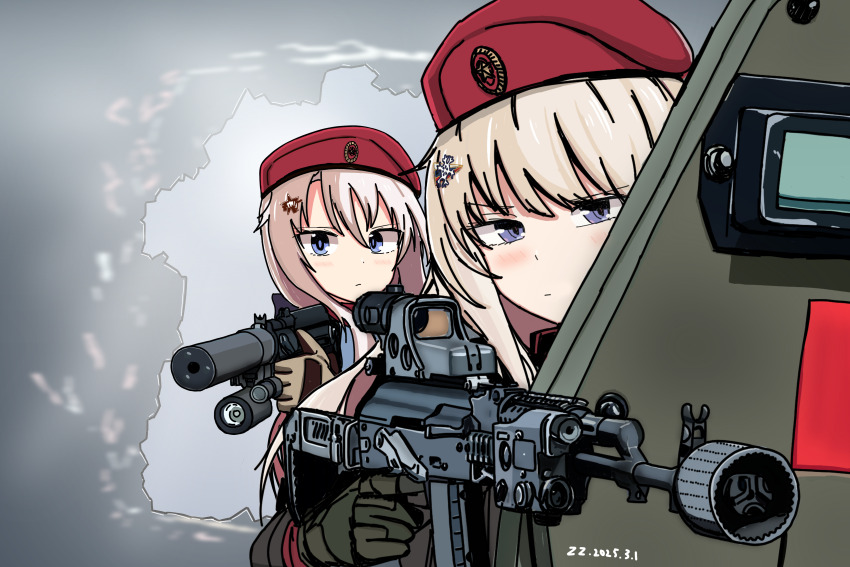 2girls 9a-91 9a-91_(girls&#039;_frontline) absurdres ak-74m ak74m_(girls&#039;_frontline) assault_rifle ballistic_shield beret blonde_hair blue_eyes eotech girls&#039;_frontline gloves gun hat highres holding holding_gun holding_weapon kalashnikov_rifle multiple_girls red_hat rifle shield trait_connection user_sgex8545 weapon