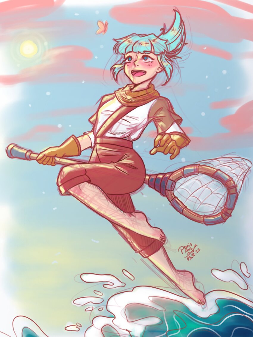 1girl 2022 artist_name barefoot blue_eyes blue_hair blush brown_pants bug butterfly cloud dated gloves highres insect jumping looking_up net open_mouth pants shirt sigrid_(wavetale) solo sun thunderful water waves wavetale white_shirt yahami12 yellow_gloves