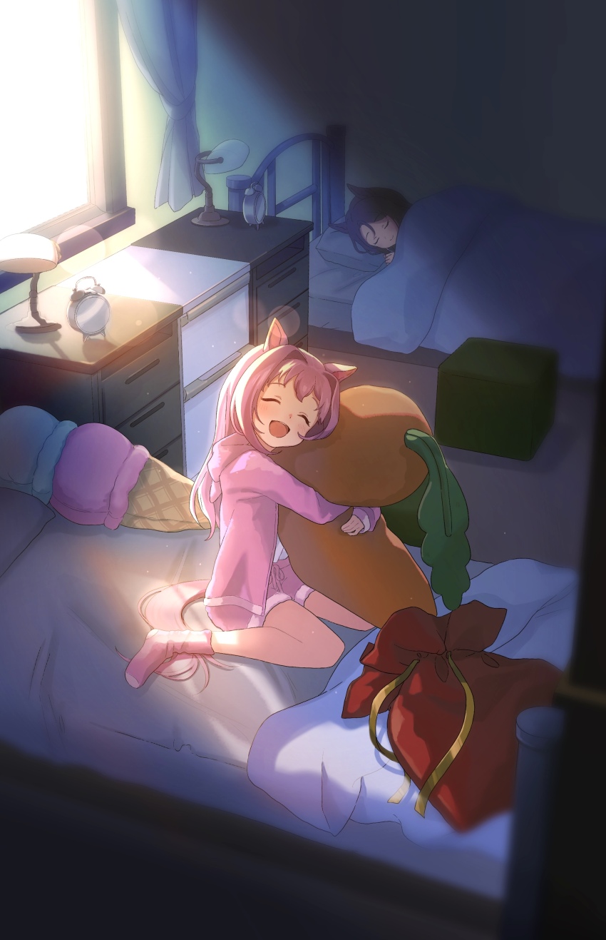 2girls :d ^_^ absurdres alarm_clock animal_ears bed brown_hair christmas clock closed_eyes closed_mouth commentary_request curtains day hair_intakes haru_urara_(umamusume) highres hood hood_down hooded_jacket horse_ears horse_girl horse_tail hugging_object indoors jacket king_halo_(umamusume) long_hair moko39_takasora multiple_girls on_bed open_clothes open_jacket open_mouth pillow pink_hair pink_jacket pink_shorts pink_socks shirt shorts smile socks solo_focus sunlight tail umamusume under_covers white_shirt window
