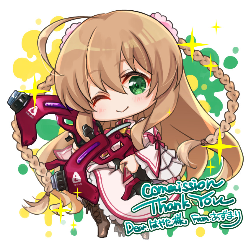 1girl ;) absurdres ahoge az_(colorb05) blush boots braid brown_boots brown_hair chibi closed_mouth commentary_request commission dress flower frilled_dress frilled_sleeves frills green_eyes gun hair_between_eyes hair_flower hair_ornament highres holding holding_gun holding_weapon kanbe_kotori kazamatsuri_institute_high_school_uniform long_hair looking_at_viewer one_eye_closed pink_dress pink_flower puffy_short_sleeves puffy_sleeves rewrite school_uniform short_sleeves sidelocks signature skeb_commission smile solo sparkle transparent_background twin_braids very_long_hair wavy_hair weapon wide_sleeves