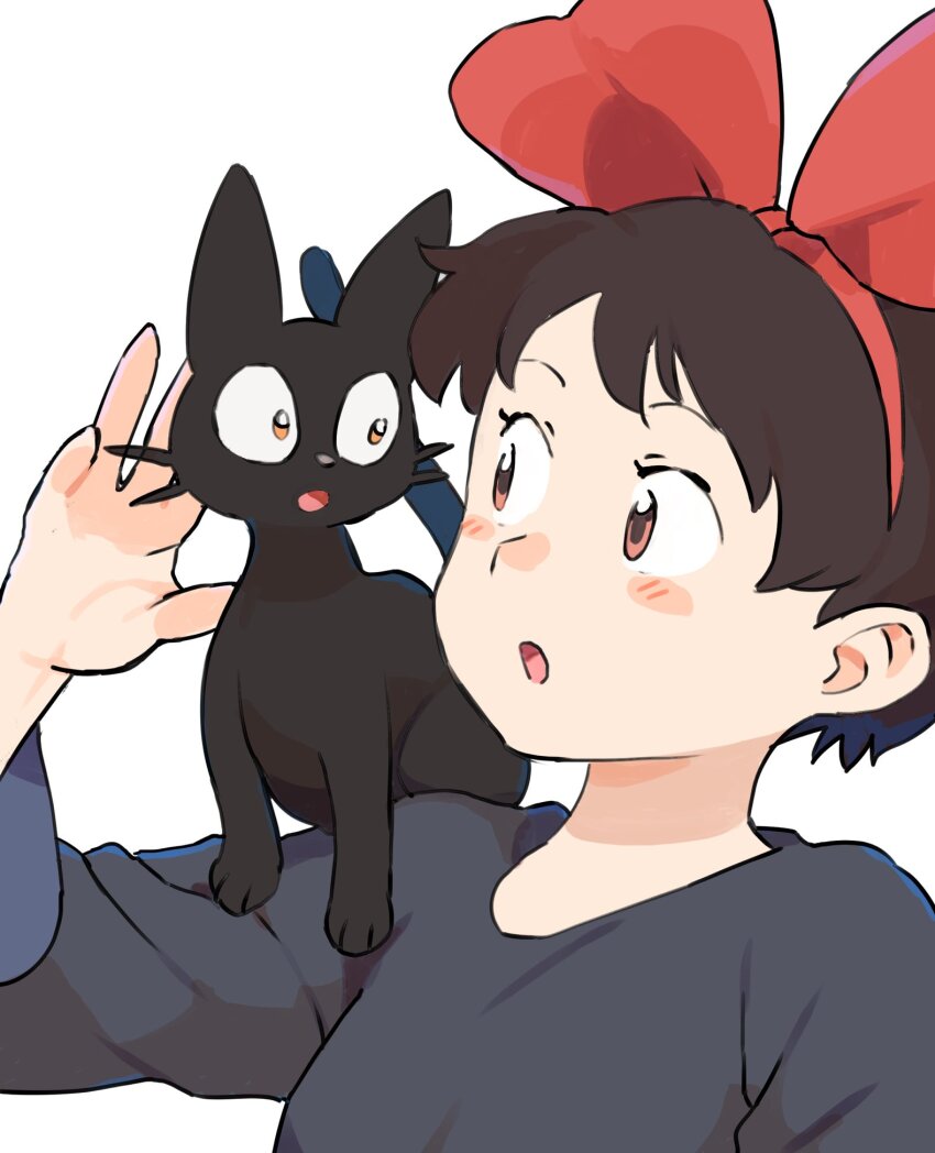 1girl :o animal animal_on_shoulder black_cat black_hair blush_stickers cat cat_on_shoulder gan2 hairband highres jiji_(majo_no_takkyuubin) kiki_(majo_no_takkyuubin) majo_no_takkyuubin open_mouth red_eyes red_hairband short_hair simple_background white_background