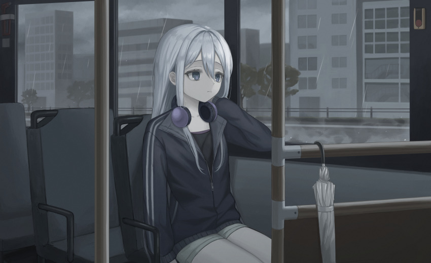 1girl absurdres black_jacket blue_eyes building bus_interior chair cityscape closed_mouth closed_umbrella commentary double-parted_bangs expressionless grey_hair hair_between_eyes hand_on_own_shoulder headphones headphones_around_neck highres jacket kkamkkam long_sleeves on_chair partially_unzipped project_sekai railing rain ringed_eyes road scenery shorts sitting solo track_jacket tree umbrella white_umbrella window yoisaki_kanade zipper zipper_pull_tab