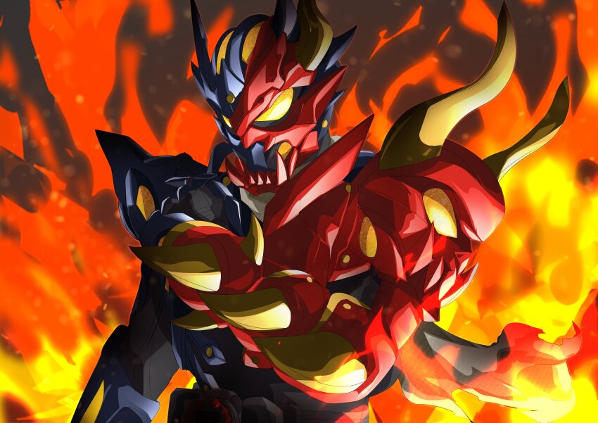 1boy absurdres alchemist alternate_form animification armor asymmetrical_horns black_armor black_bodysuit blue_armor blue_gloves bodysuit demon fiery_background fire gauntlets gloves glowing glowing_eyes gold_horns highres horns kamen_rider kamen_rider_dread kamen_rider_gotchard_(series) looking_at_viewer male_focus miyabi_(037) official_alternate_costume red_armor rider_belt scarf shoulder_armor side_cape signature skeleton solo tokusatsu torn_clothes torn_scarf type_two_form upper_body weapon white_scarf yellow_eyes