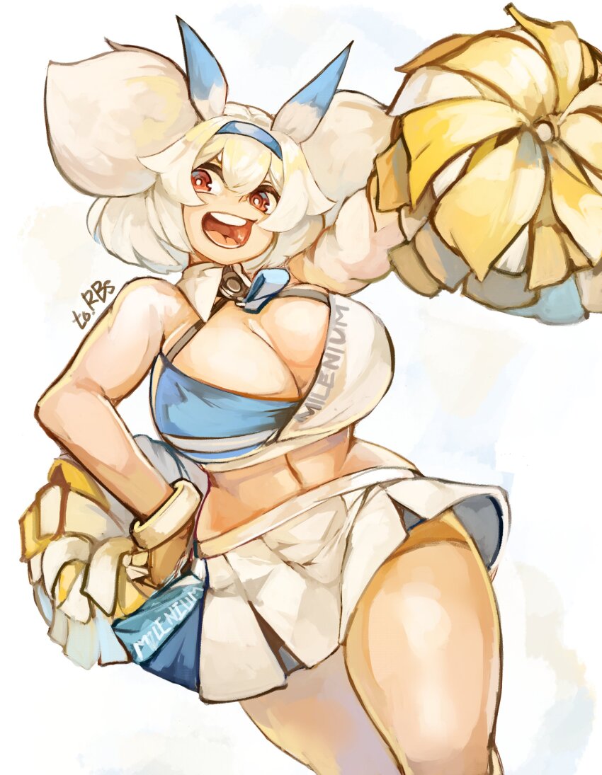 1girl absurdres alvis_(last_origin) breasts character_request cheerleader cleavage curvy dutch_angle female_focus happy highres huge_breasts larribee last_origin midriff open_mouth pom_pom_(cheerleading) red_eyes shiny_skin skirt smile solo standing thick_thighs thighs white_background white_hair wide_hips
