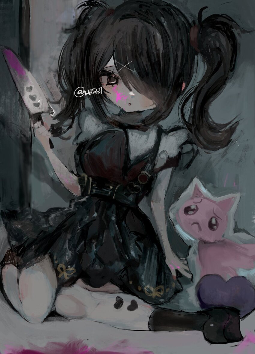 1girl ame-chan_(needy_girl_overdose) black_eyes black_hair black_skirt black_socks blood blood_on_hands bloody_knife collared_shirt emoji hair_ornament highres holding holding_knife knife looking_at_viewer naishukketsukata needy_girl_overdose pien_cat_(needy_girl_overdose) pleading_face_emoji red_shirt shirt short_twintails signature skirt socks suspender_skirt suspenders twintails x_hair_ornament
