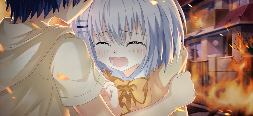 1boy 1girl aged_down blue_hair bow bowtie closed_eyes crying date_a_live date_a_live:_spirit_pledge fiery_background fire game_cg hair_ornament hairclip hood hoodie house itsuka_shido official_art open_mouth shirt short_hair short_sleeves tears third-party_source tobiichi_origami white_hair yellow_bow yellow_bowtie