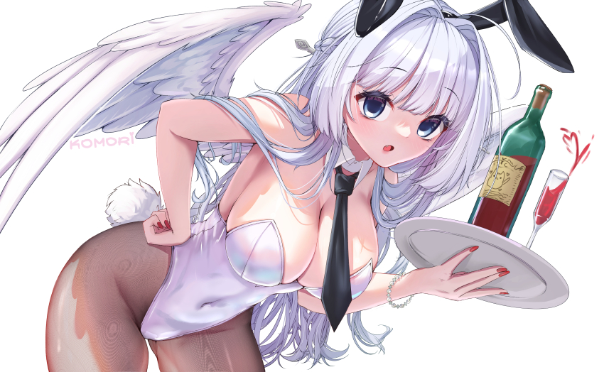 1girl absurdres alcohol angel_wings animal_ears bare_shoulders bent_over black_necktie blue_eyes bottle breasts cleavage cowboy_shot cup detached_collar drinking_glass fake_animal_ears fake_tail feathered_wings hand_on_own_hip highres holding komori large_breasts leotard long_hair looking_at_viewer low_wings necktie open_mouth original pantyhose playboy_bunny rabbit rabbit_tail solo strapless strapless_leotard tail tray white_wings wine_glass wings