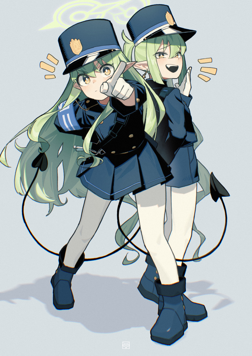 2girls :d :| absurdres armband black_tail blast-7 blue_archive blue_armband blue_boots boots buttons closed_mouth commentary demon_tail double-breasted full_body furrowed_brow gloves green_hair green_halo grey_background halo hand_up hat highres hikari_(blue_archive) laughing long_hair looking_at_viewer multiple_girls nozomi_(blue_archive) open_mouth outstretched_arm pantyhose peaked_cap pointing pointing_at_viewer pointy_ears siblings simple_background sisters smile standing tail train_conductor twins white_gloves white_pantyhose yellow_eyes
