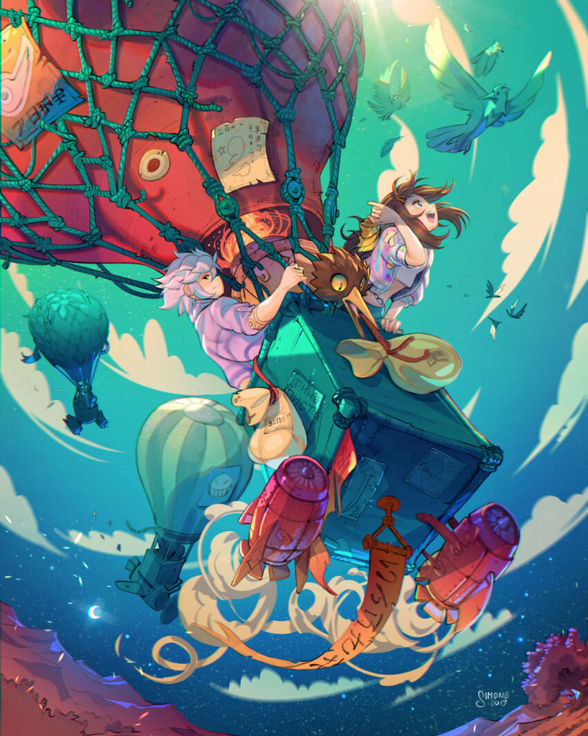 1boy 1girl aircraft arm_tattoo artist_name bird blue_sky brown_hair cloud commentary contrail crescent_moon crop_top dated falling_feathers feathers fire fisheye flag flock flying hair_ribbon hand_in_own_hair high_up highres holding holding_rope hot_air_balloon jacket kiwi_(bird) laughing leaning long_hair looking_at_animal looking_at_viewer moon mountainous_horizon multicolored_jacket original pennant pink_hair pink_shirt ponytail ribbon rocket_engine rope sandbag shirt short_hair sidelocks simz sky star_(sky) starry_sky tattoo teeth tree upper_teeth_only white_shirt yellow_ribbon