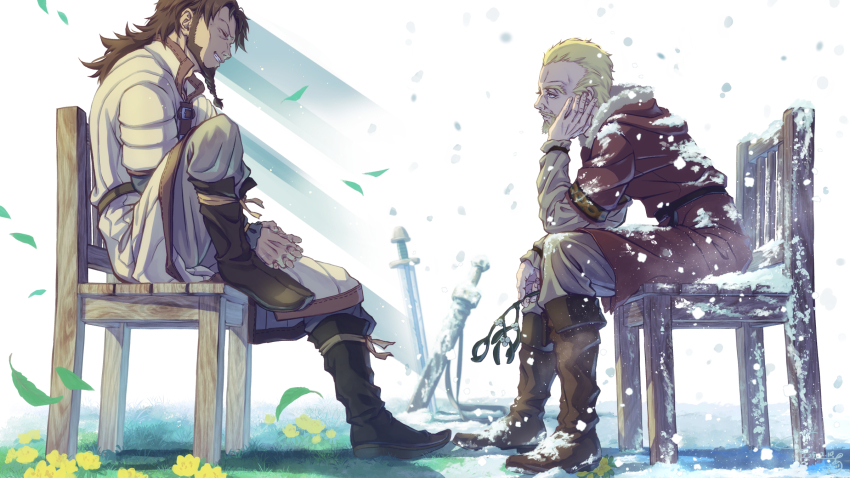 2boys askeladd beard bjorn_(vinland_saga) blonde_hair boots brown_boots brown_hair brown_jacket chair closed_eyes coat facial_hair falling_leaves full_body goatee grey_coat grey_pants grey_shirt grin head_on_hand highres jacket leaf long_hair male_focus mature_male multiple_boys pants planted planted_sword planted_weapon shirt shirube_akashi short_hair sitting smile sword teeth vinland_saga weapon wooden_chair
