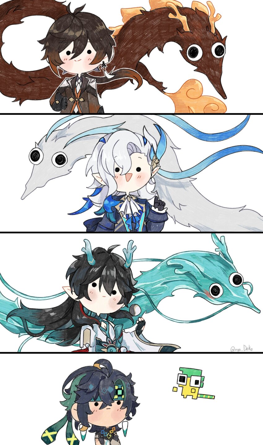 4boys :| absurdres ajaw_(genshin_impact) arm_at_side black_hair blonde_hair chibi chibi_only closed_mouth coat colored_inner_hair crossed_arms dan_heng_(honkai:_star_rail) dragon dragon_horns earrings fingerless_gloves floating_hair genshin_impact gloves green_hair grey_hair hair_between_eyes hair_ornament hand_up headband highres honkai:_star_rail honkai_(series) horns index_finger_raised jewelry kinich_(genshin_impact) long_sleeves looking_at_viewer low_ponytail male_focus multicolored_hair multiple_boys neuvillette_(genshin_impact) nya_deko open_mouth ponytail short_hair simple_background smile triangle_mouth two-tone_hair white_background wide_sleeves zhongli_(genshin_impact)