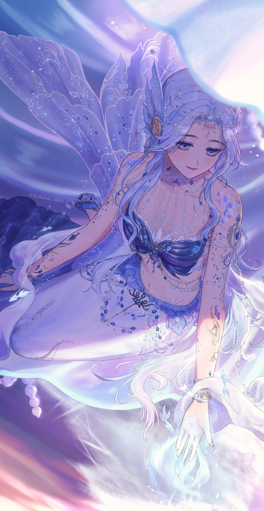 1girl bare_shoulders blue_bra blue_eyes blue_hair blue_scales blue_tail bra bracelet breasts circlet cleavage closed_mouth collarbone commentary_request eyelashes feather-trimmed_bra feather_trim fins fish_tail full_body head_fins highres hydrokinesis infinity_nikki jewelry kneeling kohanai_setsuna lipstick long_hair long_skirt makeup mermaid monster_girl necklace nikki_(series) ocean red_lips rock shore skirt small_breasts smile snowy_ballad_(infinity_nikki) solo strapless strapless_bra tail twitter_username underwear very_long_hair water
