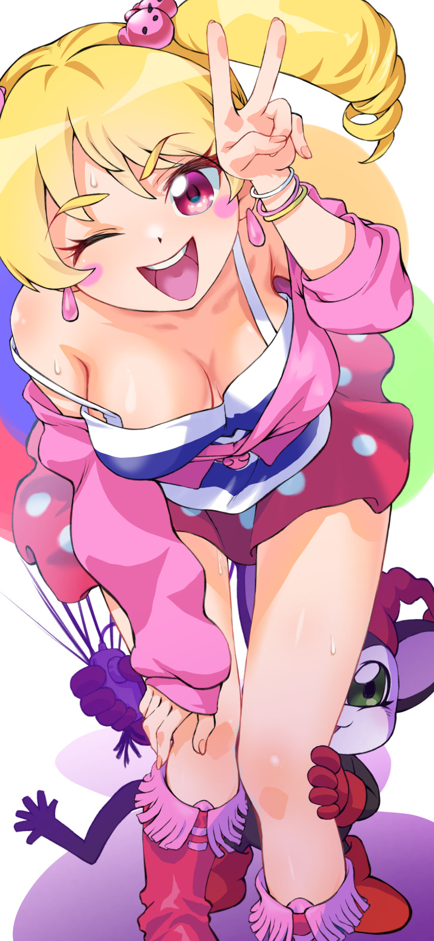 absurdres blonde_hair blush digimon digimon_xros_wars digimon_xros_wars:_toki_wo_kakeru_shounen_hunter-tachi hair_ornament hairpin highres long_hair opossummon pink_eyes suzaki_airu twintails