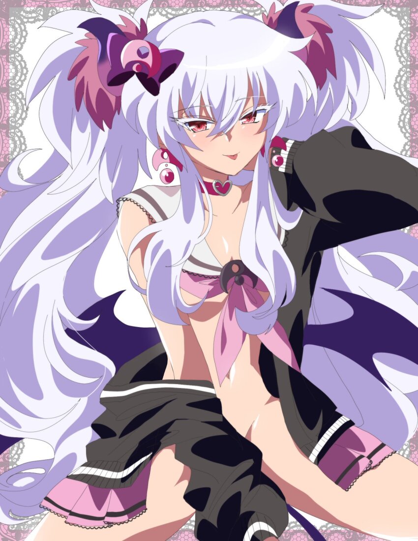 1girl breasts choker colored_eyelashes earrings grim_aloe grim_aloe_(succubus_gyaru) heart heart-shaped_lock heart_collar heart_o-ring heart_ring_choker highres horns jacket jewelry long_hair long_sidelocks long_sleeves looking_at_viewer mahjong_fight_girl navel neckerchief o-ring o-ring_choker open_clothes open_jacket open_skirt pink_neckerchief purple_horns purple_tail quiz_magic_academy red_eyes sailor_collar sidelocks skirt small_breasts solo spread_legs tongue tongue_out twintails very_long_hair white_eyelashes white_hair