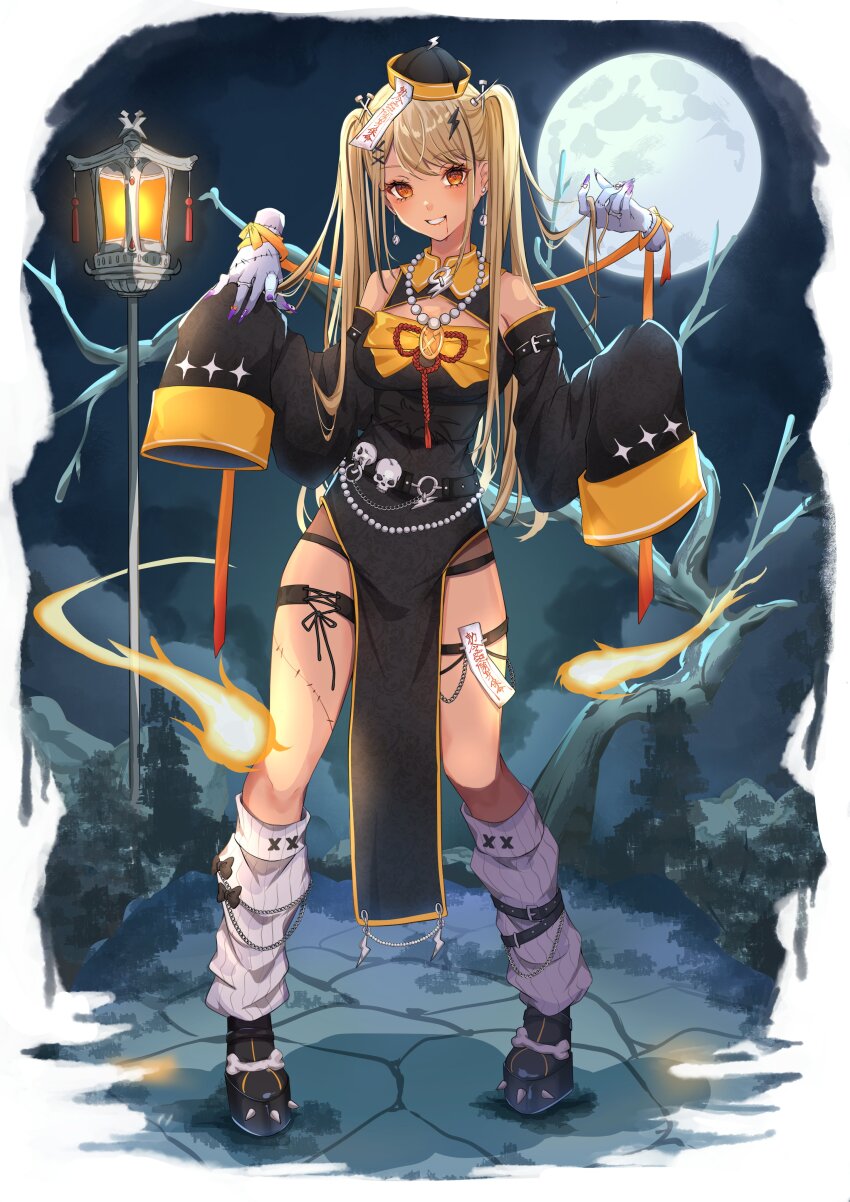 1girl absurdres black_dress blonde_hair blood_on_mouth blush breasts commentary disembodied_hand dress earrings full_moon hair_ornament halloween hat highres jewelry jiangshi_costume kaminari_qpi large_breasts lightning_bolt lightning_bolt_hair_ornament lightning_bolt_symbol long_hair looking_at_viewer loose_socks miya_(_32miya107) moon necklace ofuda orange_eyes pelvic_curtain qingdai_guanmao sleeves_past_fingers sleeves_past_wrists socks solo standing twintails virtual_youtuber vspo!