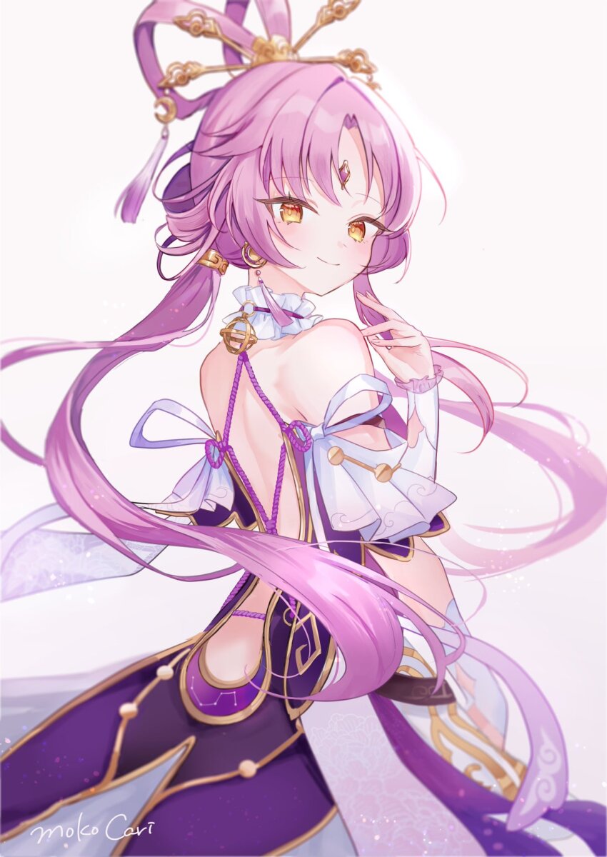 1girl backless_dress backless_outfit bare_shoulders blush brown_eyes closed_mouth commentary_request constellation_print dress forehead_jewel fu_xuan_(honkai:_star_rail) grey_background hair_ornament hair_rings hand_up highres honkai:_star_rail honkai_(series) long_hair moko_(mokochisa) parted_bangs pink_hair purple_dress simple_background smile solo very_long_hair