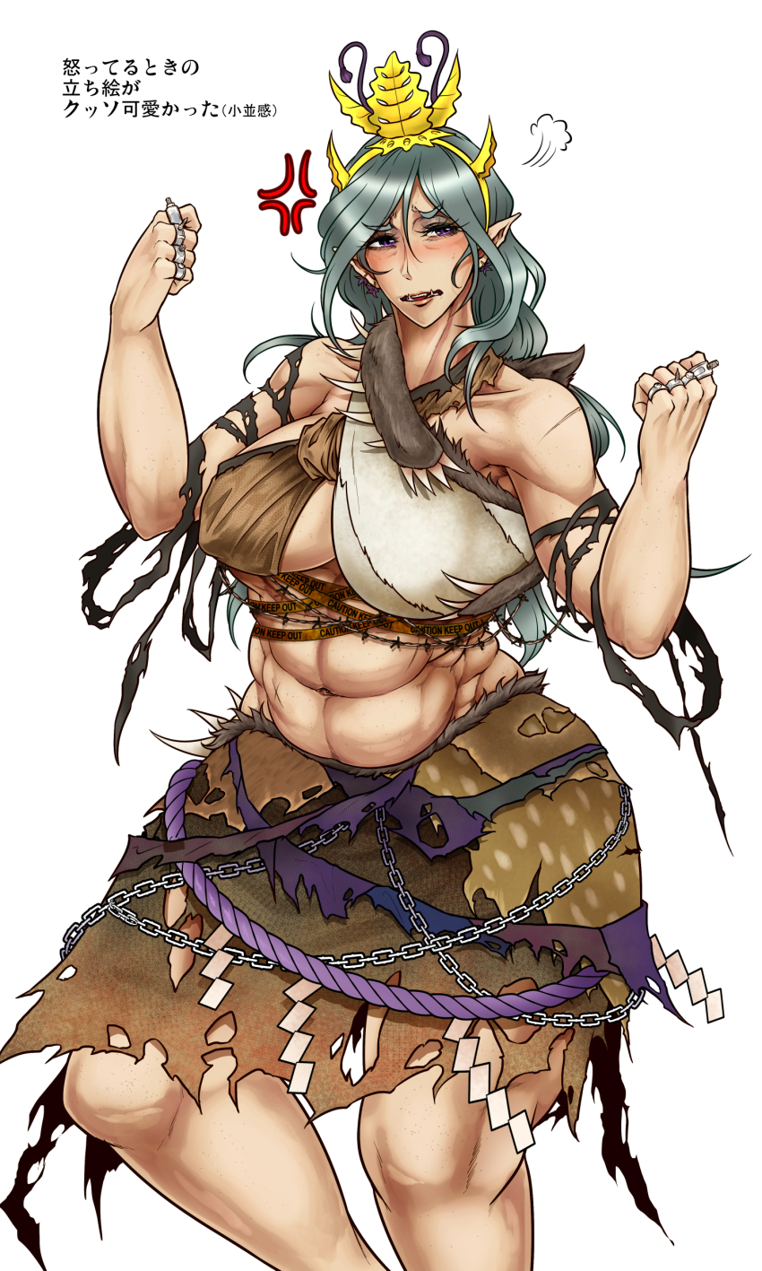 1girl abs absurdres anger_vein antennae blush brass_knuckles breasts brown_skirt chain chirizuka_ubame clenched_hands commentary_request criss-cross_halter feet_out_of_frame fossilized_wonders grey_hair halterneck headpiece highres large_breasts long_hair looking_at_viewer midriff muscular muscular_female navel nose_blush open_mouth pointy_ears purple_eyes rope ryuuichi_(f_dragon) shide shimenawa simple_background skirt solo torn_clothes torn_skirt touhou underboob variant_set weapon white_background