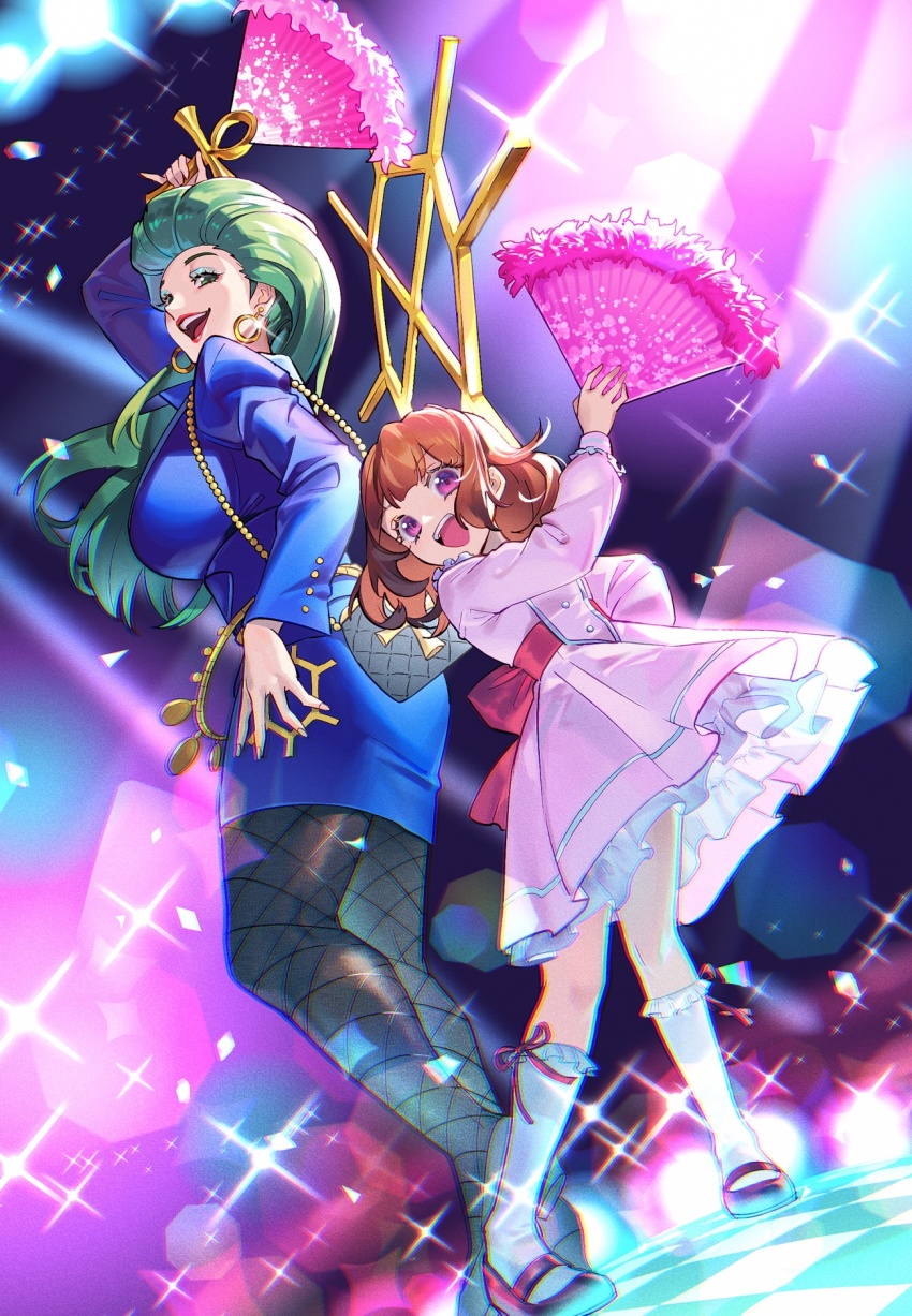 2girls ankh arm_up atachi_mimi back_bow bag blue_eyeshadow blue_skirt blue_suit bow brown_hair commentary dance_floor dian_keto_the_boogie_master dian_keto_the_cure_master disco dress duel_monster earrings eyeshadow fishnet_pantyhose fishnets formal_clothes frilled_dress frills green_hair hand_fan handbag highres jewelry kneehighs long_hair long_sleeves looking_at_viewer makeup multiple_girls open_mouth pantyhose pink_dress purple_eyes short_dress skirt socks sparkle suit symbol-only_commentary white_socks ygo_aruk2ice yu-gi-oh! yu-gi-oh!_rush_duel yu-gi-oh!_sevens
