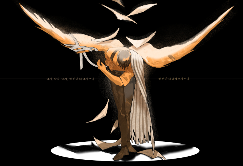 1boy absurdres bandaged_wings bandaid_on_wing black_background black_hair black_pants black_shoes bowing e.g.o_(project_moon) feathered_wings gost_56 highres leaning limbus_company long_sleeves male_focus pages pants project_moon shirt shoes simple_background sleeves_rolled_up solo white_shirt white_wings wings yi_sang_(project_moon)