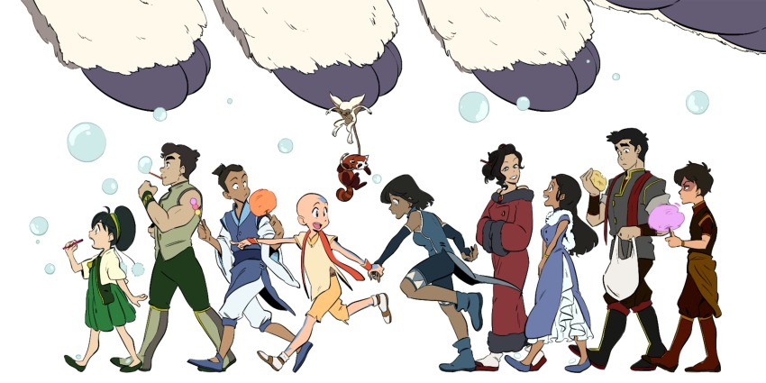 4girls 5boys aang absurdres alternate_costume anniversary appa asami_sato avatar:_the_last_airbender avatar_legends bag bald black_hair blowing_bubbles bolin boots brown_hair bubble cotton_candy dango dark_skin dress eating elbow_gloves everyone food gloves hair_ornament hairpin highres holding holding_cotton_candy holding_food katara korra li_cree looking_at_another mako_(avatar) momo_(avatar) multiple_boys multiple_girls open_mouth pabu_(avatar) scar short_hair simple_background smile sokka the_legend_of_korra time_paradox toph_beifong wagashi walking zuko