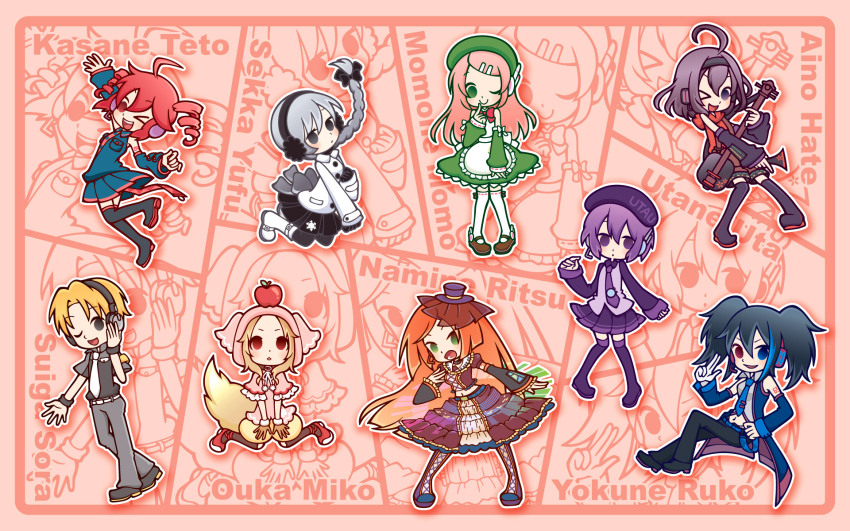 &gt;_o 2boys 6+girls :3 ahoge aino_hate apple apple_on_head apron arm_up bachi bemani beret biwa_lute black_bow black_choker black_eyes black_footwear black_gloves black_hair black_hairband black_pants black_pantyhose black_shirt black_skirt black_socks blonde_hair blue_coat blue_eyes blue_sleeves boots bow braid braided_ponytail brown_hair brown_shorts character_name choker coat collage_background commentary_request copyright_name crop_top cross-laced_footwear detached_sleeves dress drill_hair earmuffs fascinator floating floating_hair food frilled_skirt frills fruit gloves green_dress green_eyes green_headwear grey_bow grey_hair grey_pants grey_shirt hair_bow hair_floating_upwards hair_ornament hairband hairclip hakusai_mute hand_on_headphones hand_on_own_chest hat headphones headset heterochromia highres holding holding_instrument hood hood_down hood_up hoodie instrument kasane_teto kasane_teto_(utau) knee_up kneehighs long_hair long_sleeves looking_at_viewer looking_up lute_(instrument) medium_hair midriff mini_hat mini_top_hat momone_momo monochrome_background multiple_boys multiple_girls music namine_ritsu navel necktie one_eye_closed open_mouth orange_hair ouka_miko outline pants pantyhose parody piano_print pigeon-toed pinching_sleeves pink_background pink_hair pink_hoodie playing_instrument pleated_skirt plectrum pop&#039;n_music print_sailor_collar puffy_short_sleeves puffy_shorts puffy_sleeves purple_eyes purple_footwear purple_hair purple_headwear purple_necktie red_eyes red_hair red_hoodie red_shirt red_skirt robot_ears salute sekka_yufu shamisen shirt short_eyebrows short_hair short_sleeves short_twintails shorts sitting skirt sleeveless sleeveless_coat sleeveless_dress sleeveless_hoodie sleeveless_shirt smile socks standing style_parody style_request suiga_sora suspender_shorts suspenders swept_bangs tail thigh_boots tie_clip top_hat trap twin_drills twintails two-finger_salute two-tone_shirt utane_uta utau v-shaped_eyebrows v_arms wariza white_apron white_coat white_necktie white_outline wide_sleeves winter_clothes winter_coat wolf_girl wolf_tail yellow_shorts yokune_ruko zoom_layer