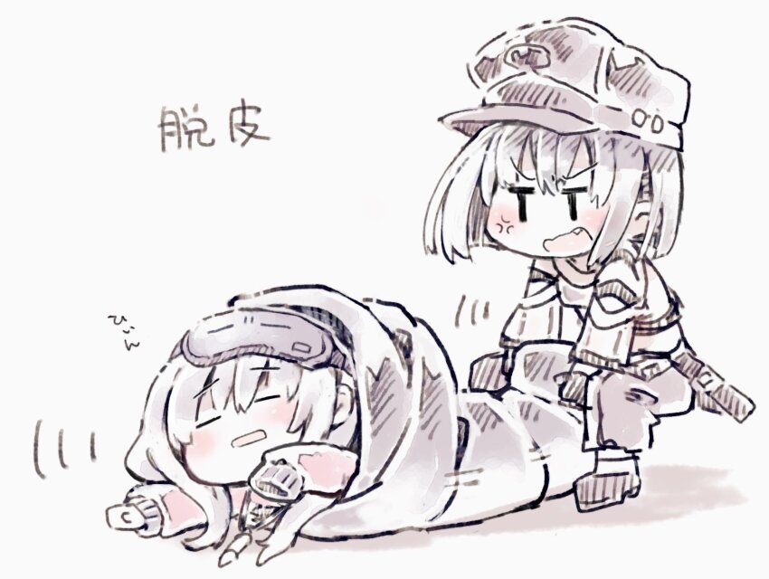2girls anger_vein blush chibi closed_eyes clothing_cutout frima_(nikke) goddess_of_victory:_nikke hat highres jacket kureudon long_hair long_sleeves mask mask_on_head milk_(nikke) monochrome multiple_girls pants shirt short_hair shoulder_cutout sleep_mask sleeping_bag sleeves_past_wrists
