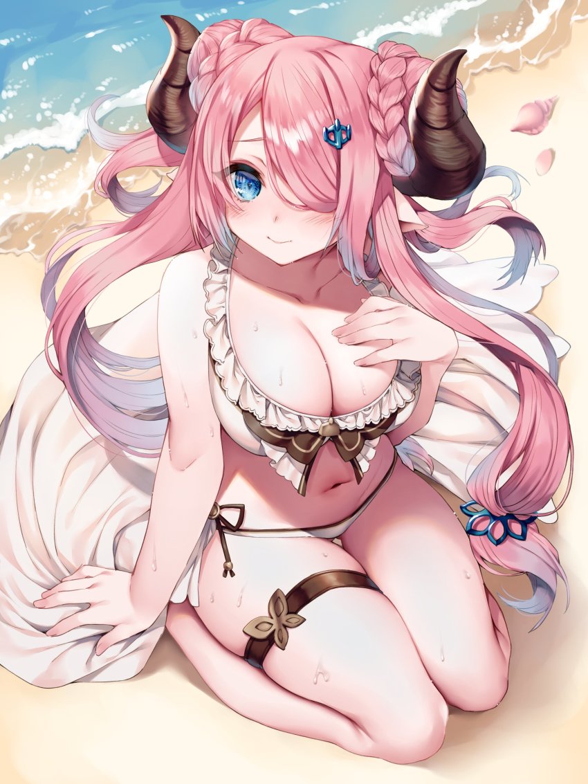 1girl absurdres bare_shoulders beach bikini blush braid breasts granblue_fantasy hair_ornament hair_over_one_eye hairclip highres hime_gyo horns large_breasts long_hair multicolored_hair narmaya_(granblue_fantasy) narmaya_(summer)_(granblue_fantasy) pink_hair pointy_ears seashell shell sitting smile swimsuit thigh_strap thighs two-tone_hair wet white_bikini white_hair wide_sleeves