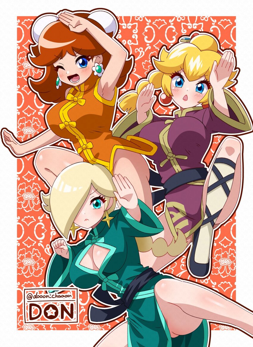 3girls artist_name blonde_hair blue_eyes breasts brown_hair china_dress chinese_clothes cleavage don_(748826) dress earrings expressionless flower_earrings grin hair_over_one_eye highres jewelry kung_fu_peach large_breasts legs long_hair looking_at_viewer mario_(series) multiple_girls nintendo one_eye_closed open_mouth pelvic_curtain princess_daisy princess_peach princess_peach:_showtime! rosalina shiny_skin smile wink