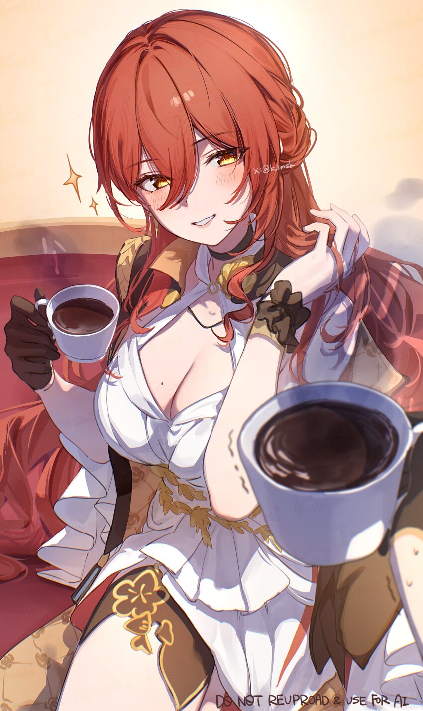 2girls absurdres black_choker black_gloves breasts choker cleavage coffee_mug cup dress gloves hair_between_eyes highres himeko_(honkai:_star_rail) holding holding_cup honkai:_star_rail honkai_(series) imasaki_kei large_breasts long_hair looking_at_viewer mole mole_on_breast mug multiple_girls parted_lips pov pov_hands red_hair scrunchie single_glove sitting smile solo_focus sparkle stelle_(honkai:_star_rail) sweat trailblazer_(honkai:_star_rail) twitter_username white_dress wrist_scrunchie yellow_eyes