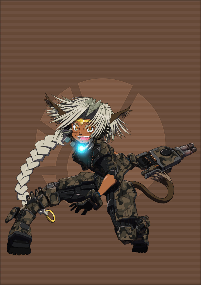 1girl :d absurdres aisha_clanclan animal_ears braid brown_background brown_eyes circlet dark-skinned_female dark_skin eve_online evemoedesu fighting_stance gloves gun highres holding holding_gun holding_weapon long_hair looking_at_viewer mecha_musume open_mouth outlaw_star smile solo standing tail vargur_(eve_online) very_long_hair weapon white_hair