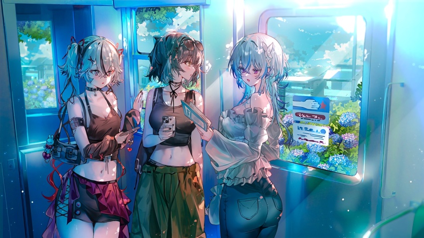 3girls alternate_costume ass bag_charm bare_shoulders black_eyes black_hair black_nails black_shirt black_skirt blue_hair book breasts camellya_(wuthering_waves) cellphone cellphone_charm charm_(object) cleavage commentary_request crop_top denim eyewear_on_head female_rover_(wuthering_waves) fingernails green_pants hair_between_eyes hair_ornament hair_vines highres holding holding_book holding_phone jeans large_breasts long_hair looking_at_another looking_outside medium_breasts midriff multiple_girls nail_polish navel off-shoulder_shirt off_shoulder open_mouth panties pants panty_peek phone purple_eyes red_pupils rover_(wuthering_waves) shirt shorekeeper_(wuthering_waves) short_hair skirt smartphone sunglasses train_interior underwear utsuhostoria white_hair white_shirt wuthering_waves