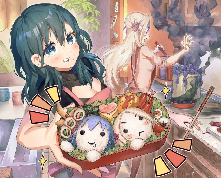 2girls alternate_costume apron bandaid bento blue_eyes blue_hair blush blush_stickers breasts burnt_food chopsticks cleavage cleavage_cutout clothing_cutout contemporary cooking distress edelgard_von_hresvelg female_byleth_(fire_emblem) fire_emblem fire_emblem:_three_houses food food_art food_on_face heart highres kitchen korokoro_daigorou kyaraben multiple_girls nintendo pot purple_ribbon ribbon rice rice_on_face sidelocks sleeves_rolled_up sweatdrop teacher_and_student white_hair