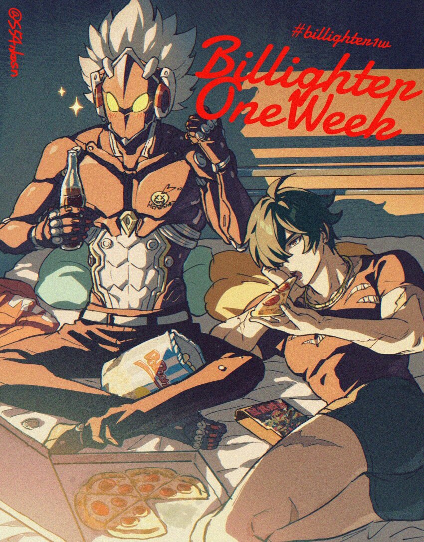 2boys ahoge artist_name bag bag_of_chips bed bed_sheet billy_kid black_male_underwear black_pants black_shirt blush bottle chips_(food) commentary_request elbow_rest food food_wrapper green_eyes green_hair hair_over_one_eye hashtag head_rest highres holding holding_bottle holding_food holding_pizza humanoid_robot indoors jewelry lighter_(zenless_zone_zero) lying male_focus male_underwear multiple_boys necklace on_bed on_side one_eye_covered open_mouth pants parted_bangs pillow pizza pizza_box pizza_slice potato_chips robot robot_boy s54nkasn scar scar_on_arm scar_on_leg scar_on_neck shadow shirt short_hair short_sleeves sitting soda_bottle spiked_hair topless_male torn_clothes torn_shirt twitter_username underwear white_hair yellow_eyes zenless_zone_zero