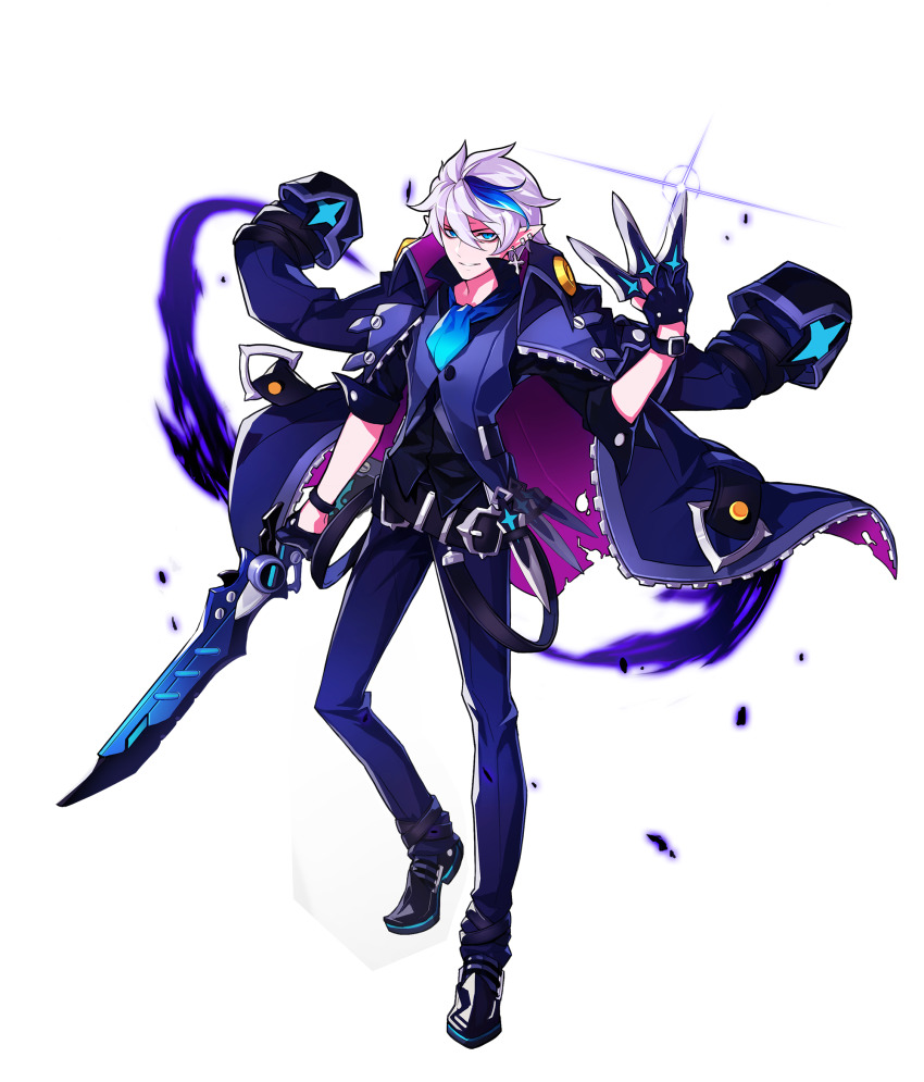 1boy ascot belt belt_buckle between_fingers black_belt black_coat black_gloves black_shirt black_shoes blue_ascot blue_eyes blue_hair blue_pants blue_vest buckle buttons ciel_(elsword) closed_mouth coat coat_on_shoulders cross cross_earrings earrings elsword floating_clothes full_body gleam gloves hair_between_eyes highres holding holding_knife holding_sword holding_weapon hwansang jewelry knife knives_between_fingers long_sleeves looking_at_viewer magic male_focus multicolored_hair multiple_belts official_art pants pointy_ears purple_coat second-party_source sheath shirt shoes short_hair sleeve_cuffs smile solo standing streaked_hair sword three-quarter_sleeves transparent_background two-sided_coat two-sided_fabric vest weapon white_hair wrist_belt zipper