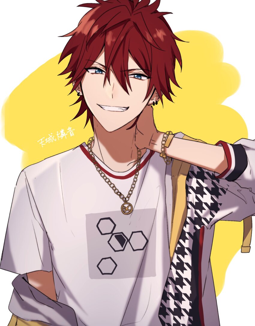 1boy amagi_rinne arm_at_side bishounen blue_eyes bracelet cowlick crossed_bangs earrings ensemble_stars! grin hair_between_eyes hand_on_own_neck hand_up highres honeycomb_(pattern) honeycomb_print jacket jewelry looking_ahead looking_at_viewer male_focus necklace open_clothes open_jacket print_jacket print_shirt red_hair shirt short_hair short_sleeves single_off_shoulder three-quarter_sleeves smile solo straight-on t-shirt two-tone_background upper_body v1030s024 white_background white_shirt yellow_background