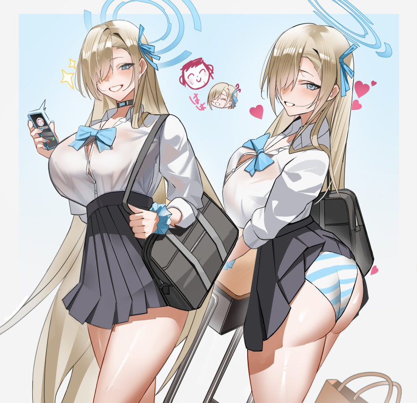 1boy 1girl absurdres ass asuna_(blue_archive) asuna_(school_uniform)_(blue_archive) bag black_skirt blonde_hair blue_archive blue_bow blue_bowtie blue_eyes blue_halo blush bow bowtie breasts choker clothes_lift doodle_sensei_(blue_archive) grin hair_over_one_eye halo highres holding holding_phone large_breasts long_hair looking_at_viewer panties pantyshot phone pleated_skirt school_bag sensei_(blue_archive) shirt skirt skirt_lift sleeves_rolled_up smile striped_clothes striped_panties table thighs underwear very_long_hair white_panties white_shirt xiaojuan_(user_ezvt7287)