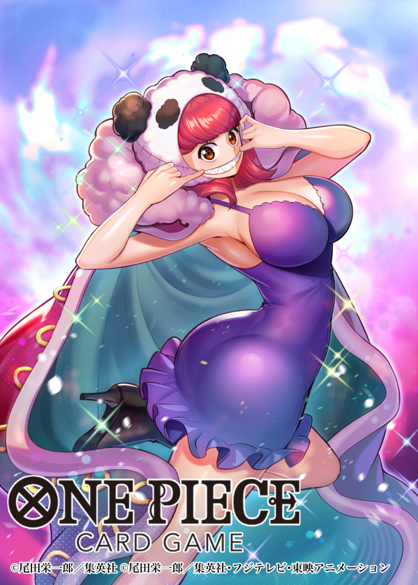 arched_back bashikou breasts cape charlotte_poire dress fingersmile fur_trim hat high_heels highres large_breasts one_piece one_piece_card_game pink_hair sharp_teeth smile teeth