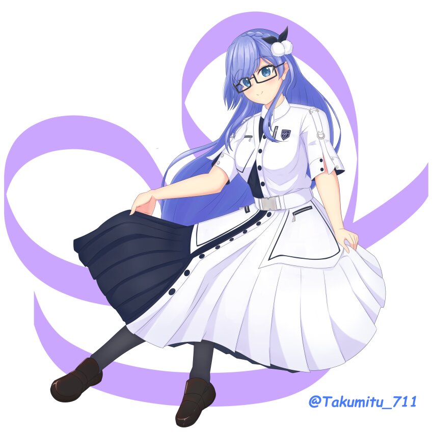 1girl 22/7 absurdres asymmetrical_dress belt black-framed_eyewear black_pantyhose blue_eyes blue_hair boku_wa_konya_deteiku braid brown_shoes dress emblem glasses hair_ornament highres invisible_chair loafers long_hair looking_at_viewer maruyama_akane pantyhose pleated_dress rectangular_eyewear semi-rimless_eyewear shoes short_sleeves simple_background sitting skirt_hold smile solo takumitu_711 twitter_username under-rim_eyewear very_long_hair white_belt zipper