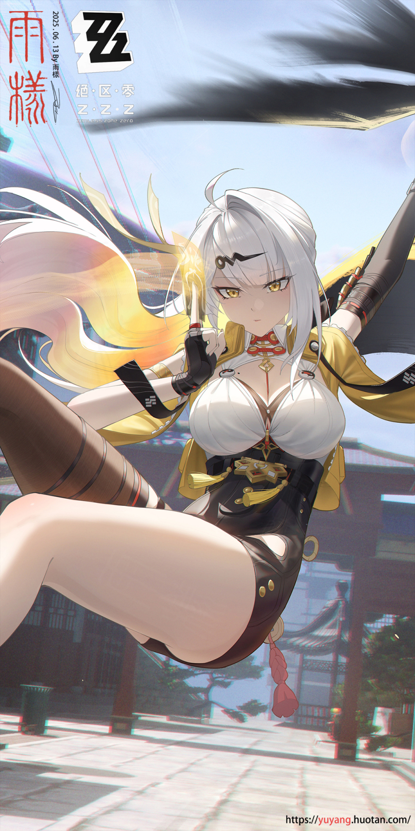 1girl ahoge architecture arm_up artist_name asymmetrical_gloves between_breasts bird black_bird black_gloves black_shorts black_thighhighs breasts building cleavage collared_shirt commentary_request copyright_name dated day dutch_angle east_asian_architecture fingerless_gloves floating_hair gloves glowing gold_armlet hair_ornament hand_up high-waist_shorts highres holding holding_ofuda kuji-in large_breasts legs_up long_hair looking_at_viewer mole mole_on_breast outdoors rain_sama shirt shorts sidelocks single_hair_intake single_thighhigh solo tassel thighhighs thighs tree uneven_gloves very_long_hair vest white_hair white_shirt yellow_eyes yellow_vest yixuan_(zenless_zone_zero) yin_yang_pin zenless_zone_zero