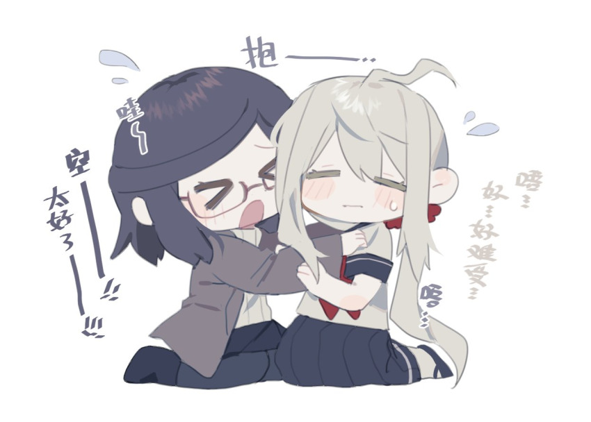 &gt;_&lt; 2girls ahoge black_footwear black_hair black_skirt blue_footwear blue_skirt blush_stickers boots brown_jacket brown_sleeves chibi closed_eyes closed_mouth coattails collared_jacket colored_eyelashes danganronpa_(series) danganronpa_another flying_sweatdrops full_body furrowed_brow glasses grey_pantyhose hair_ornament hair_scrunchie hands_on_another&#039;s_shoulders hrdrifter hug jacket kabuya_yoruko kabuya_yoruko_(real) kneeling long_hair long_skirt low_ponytail mary_janes medium_hair miniskirt multiple_girls neckerchief open_clothes open_jacket open_mouth pantyhose pleated_skirt ponytail red-framed_eyewear red_neckerchief red_scrunchie school_uniform scrunchie serafuku shirt shoes short_sleeves simple_background skirt socks sora_(super_danganronpa_another_2) spoilers striped_clothes striped_shirt super_danganronpa_another_2 sweatdrop vertical-striped_clothes vertical-striped_shirt very_long_hair wavy_mouth white_background white_hair white_shirt white_sleeves white_socks yuri