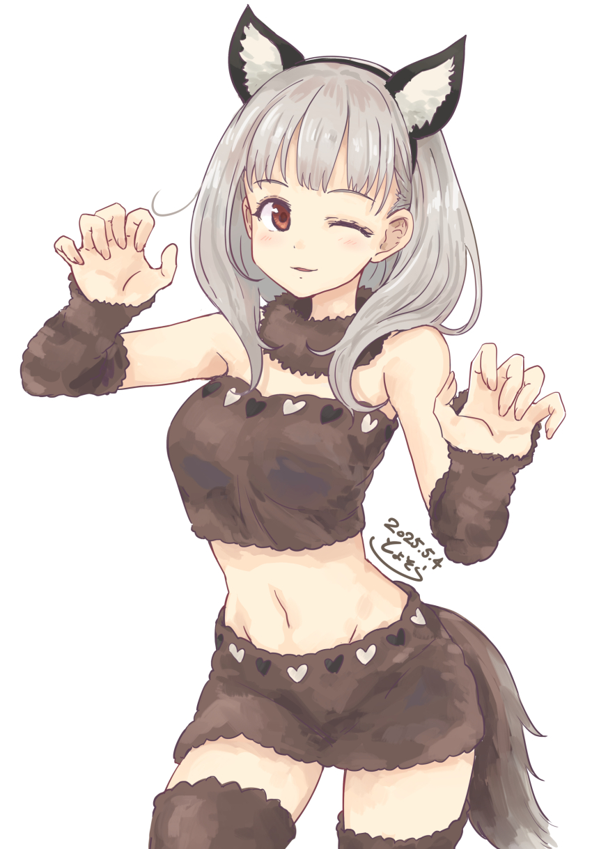 1girl absurdres animal_ears bare_shoulders brown_eyes brown_shirt brown_skirt brown_thighhighs cowboy_shot dated fur_collar fur_shirt fur_skirt grey_hair highres make_heroine_ga_oo_sugiru! medium_hair miniskirt navel official_alternate_costume one_eye_closed parted_lips paw_pose raccoon_ears shiratama_riko shirt signature simple_background skirt solo strapless strapless_shirt thighhighs toyosora white_background zettai_ryouiki