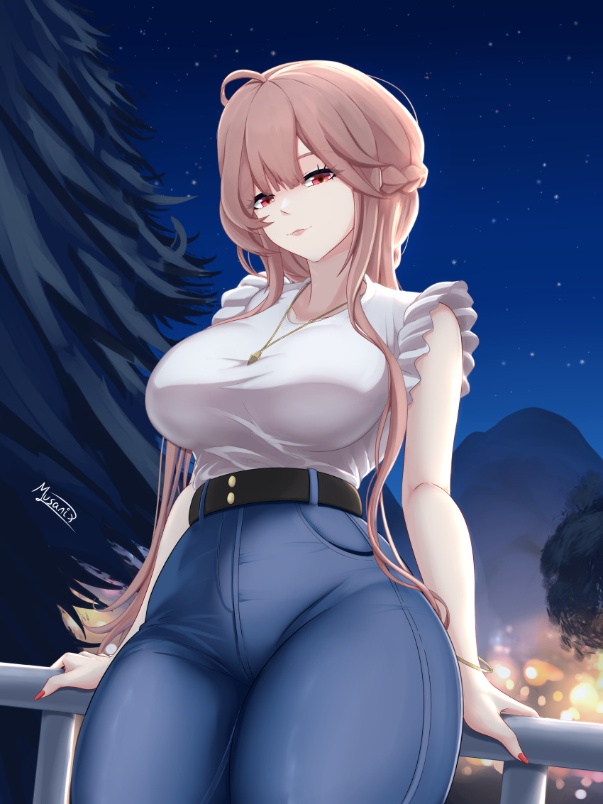 1girl absurdres against_railing alternate_costume artist_name azur_lane belt black_belt breasts brown_hair clemenceau_(azur_lane) commentary cowboy_shot denim english_commentary high-waist_pants highres jeans large_breasts looking_at_viewer musanix nail_polish night night_sky pants railing red_eyes red_nails shirt sky sleeveless solo tree white_shirt
