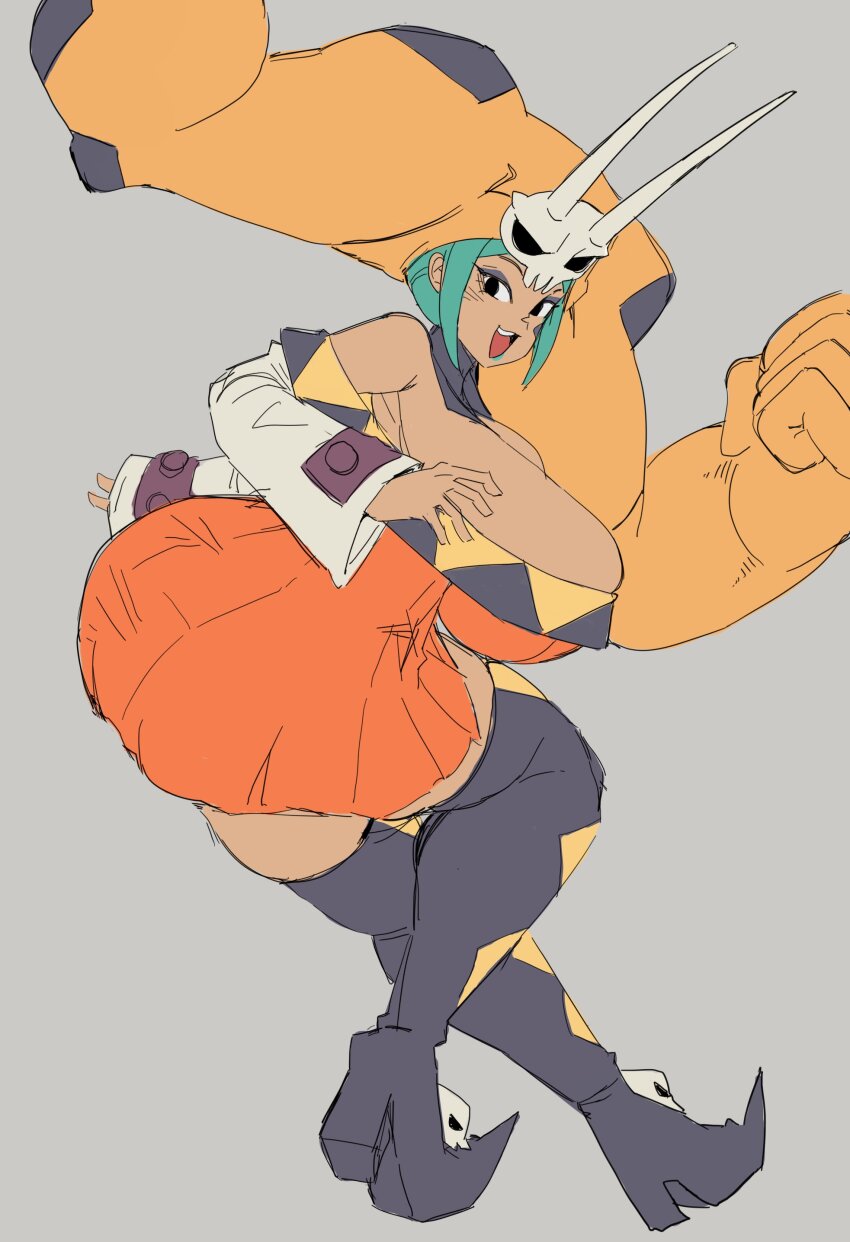 1girl absurdres ass bamman boots breasts cerebella_(skullgirls) dark-skinned_female dark_skin dress eyeshadow full_body green_hair green_lips grey_background hat highres huge_breasts lipstick long_sleeves looking_at_viewer looking_back makeup open_mouth short_dress skullgirls smile solo thick_thighs thigh_boots thighs twisted_torso vice-versa_(skullgirls) wide_hips wide_sleeves